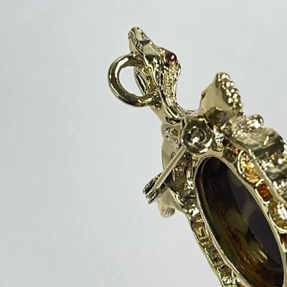 Vintage Brown Stone Cabochon Turtle Brooch Pin Pendant Gold Tone Gerry's 2 1/4